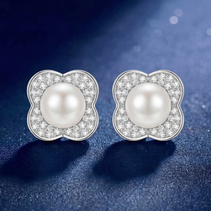 Copper Full Pave CZ <b>Four</b> <b>Leaf</b> Flower White Pearl Stud <b>Earrings</b> for Women Zircon Floral Pearl Jewelry Bridal Wedding Gift - Product Image 2