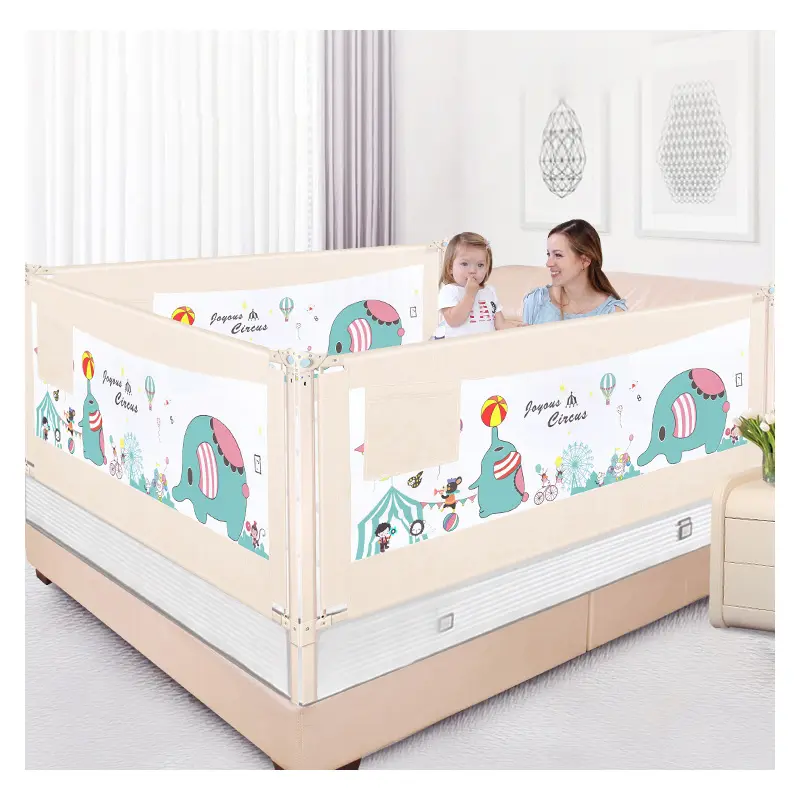 Pagar tempat tidur bayi, multi-fungsional, dapat diatur keselamatan, pelindung tempat tidur bayi ramah lingkungan, karton OEM logam, bingkai baja dengan kain kationik 1.8m