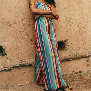 Women's <b>Boho</b> Multicolor Striped Halter Neck Sleeveless Flowy Maxi <b>Dress</b>-Casual <b>Summer</b> Beach Cover-Up Vacation - Product Image 3