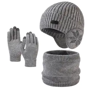 Wholesale Custom Logo Solid Color Beanie Knit Hat 100%Acrylic 3 Piece Winter Warm Thermal Knit Hat Scarf And Gloves Set For Men