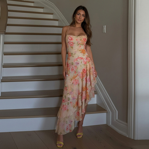 Robe midi asymétrique élégante à volants floraux pour femme, idéale pour les vacances à la plage - Vente en gros - Product Image 1