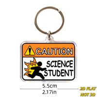 Attention : Porte-clés en acrylique avec figurine de scientifique en course, style panneau d'avertissement rectangulaire, chaîne + anneau