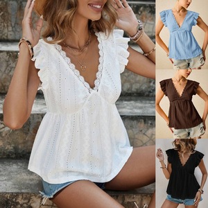 Women's Slimming Solid Color Breathable V-Neck Petal Sleeve Lace Polyester <b>T</b>-<b>Shirt</b> Top European-American Style for Summer - Product Image 3