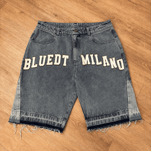 Pantalones Cortos de Mezclilla Holgados Personalizados con Apliques Bordados y Dobladillo Deshilachado para <span class=keywords><strong>Hombre</strong></span> - Product Image 1