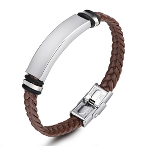 Fashion Magnetic Clasp Men's Stainless Steel Bracelet Custom <b>Engraved</b> logo Blank Charm Leather Bracelets - Product Image 1