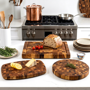Planche à découper ovale en bois de teck à carreaux avec poignée en bois, épaisseur 1,5 cm, compatible lave-vaisselle - Product Image 1