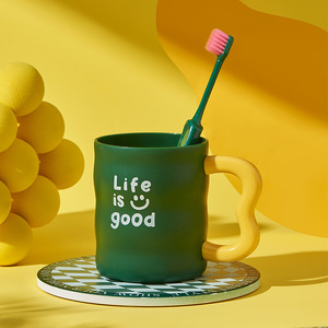 Mouthwash Cup Toothbrush Holder With Thick Base Solid Color English Letter Design For Personal Care Tools - Product Image 4