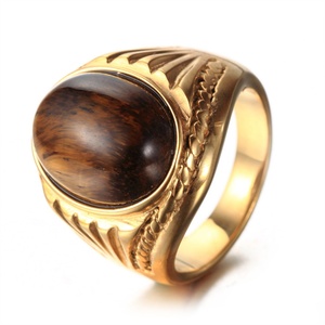 Anillo de Acero Inoxidable con Piedra Natural de Ojo de Tigre, Bañado en Oro, Ovalado, para Hombre, Éxito de Ventas en Europa - Product Image 2