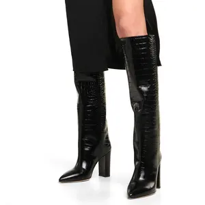 Moda PU Cinza Preto Senhoras Chunky Heel Boots 13cm Joelho Botas Altas Mulheres Apontou Toe Sapatos de Inverno