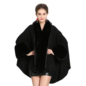 2022 New Design Winter Women Jacquard Wraps Stole Knitted Oversized Faux Fur Collar Poncho Cape Shawl