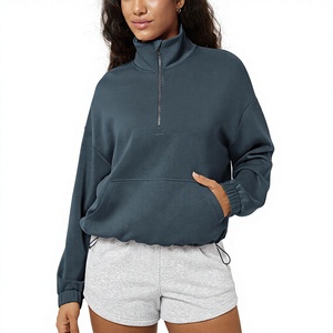 Sweat-shirt décontracté pour femme en modal doux, coupe ample, anti-plis, doublé, demi-zip, poches, col montant ajustable, personnalisé, à manches courtes - Product Image 3