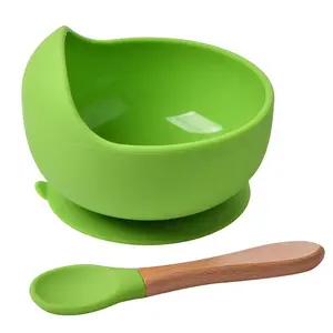 Spill Proof Zuig Siliconen Baby Bowls Met Houten Handvat Lepel Voor Peuters Eerste Fase