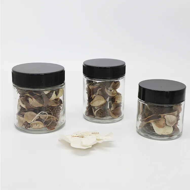 1oz 2oz 3oz 4oz 5oz 6oz 9 oz 10oz bocaux ronds transparents en verre résistant aux enfants pot de fleurs avec bouchon noir blanc à l'épreuve des enfants