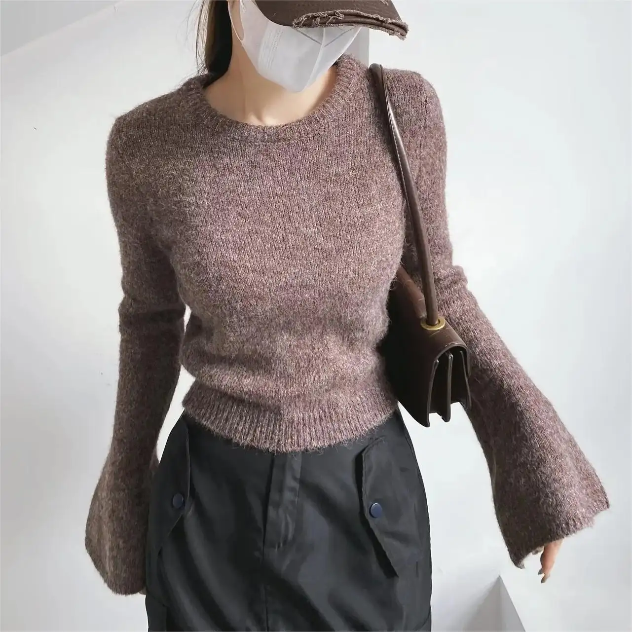 Свитер женский из мохера, Мягкий трикотажный свитер с круглым вырезом, укороченные топы, вязаные пушистые расклешенные рукава, мохеровый свитер, пуловер на заказ
