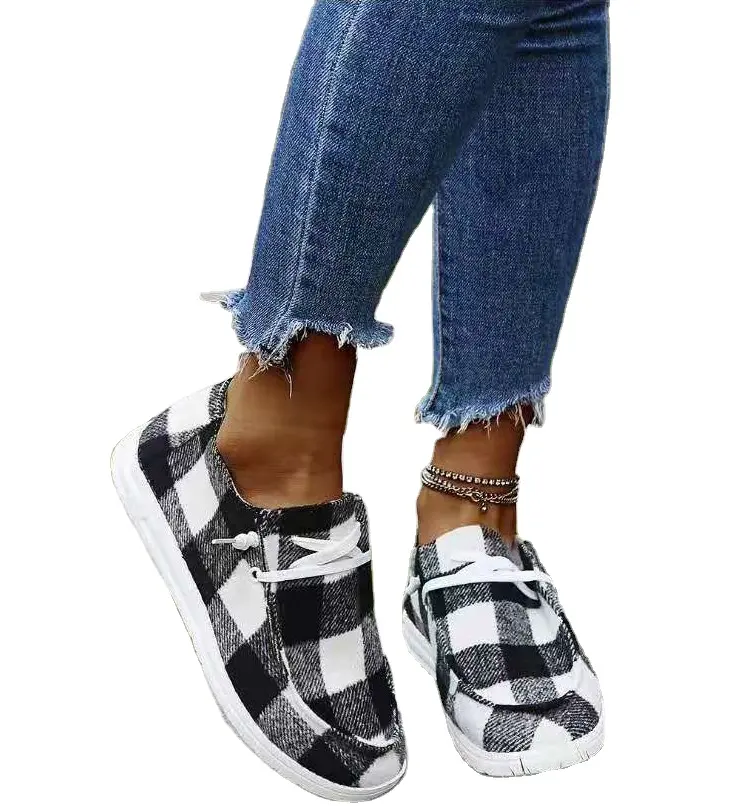 Ladies Loafers Plaid Print Casual Shoes Western Style Women's Shoes