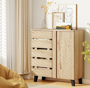 <span class=keywords><strong>Meuble</strong></span> à chaussures en bois à 4 niveaux avec porte à lattes et étagères amovibles – Armoire de rangement gain de place pour couloir - Product Image 2
