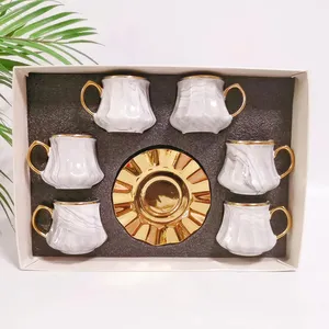 Modern Turkish Set Arabian Luxury Glazed Gold Lines Ceramic Coffee Cup Saucer European Porcelain Custom Water Coffee Giveaways