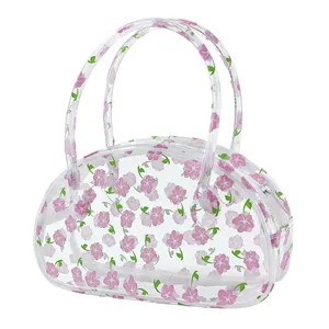 小花图案PVC贝壳手提袋旅游旅行pvc袋钱包时尚闪亮粉色迷你可爱PVC手提袋