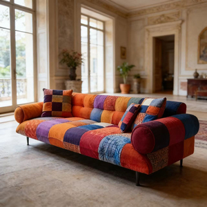 Divano in Tessuto Patchwork Stile Etnico Vintage, Comodo Divano Reclinabile con Cuscini per Soggiorno, Esportazione - Product Image 2