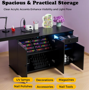 Table de manucure en forme de L avec collecteur de poussière, bureau à ongles avec armoire de rangement, poste de travail à ongles rotatif et convertible avec lumière LED - Product Image 3