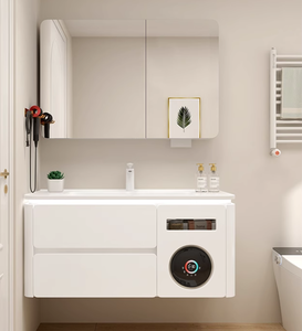 Mueble <span class=keywords><strong>de</strong></span> baño moderno integrado <span class=keywords><strong>de</strong></span> roble con lavabo <span class=keywords><strong>de</strong></span> cerámica y escurridor <span class=keywords><strong>de</strong></span> cobre compatible con lavadora y secadora <span class=keywords><strong>de</strong></span> ropa - Product Image 5