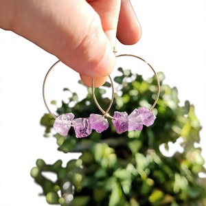 Boucles d'oreilles créoles en argent 925 avec améthyste, style bohème, bijoux pour femme à porter au quotidien, sertissage clos, pierres brutes - Product Image 1