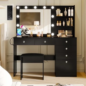 Conceptions modernes Bureau de courtoisie noir Maquillage Salon de beauté Filles <span class=keywords><strong>Commode</strong></span> en MDF <span class=keywords><strong>Grande</strong></span> coiffeuse en bois avec miroir lumineux et étagère - Product Image 6
