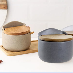 Bol à sucre en céramique de style <span class=keywords><strong>japonais</strong></span> minimaliste moderne avec cuillère et couvercle en bambou, bol à sel pour assaisonnement, vaisselle de cuisine élégante, pain - Product Image 6