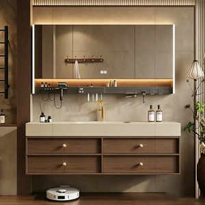 Ensemble <span class=keywords><strong>de</strong></span> meuble-lavabo <span class=keywords><strong>de</strong></span> <span class=keywords><strong>salle</strong></span> <span class=keywords><strong>de</strong></span> <span class=keywords><strong>bain</strong></span> <span class=keywords><strong>de</strong></span> style mi-siècle personnalisé avec lavabo intégré, meuble-vasque et armoire pour lavabo. - Product Image 2