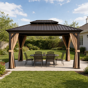 Gazebo con Tetto Rigido 3,6x4,8m, Telaio in Alluminio Grigio/Beige, Protezione UV UPF 50+, Resistente <span class=keywords><strong>all</strong></span>'Acqua, per Giardino, Balcone, Portico, Patio - Product Image 1