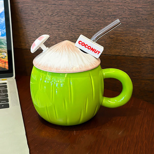 Taza con forma de coco de cerámica ecológica con pajita y cuchara, taza de desayuno de alto valor para parejas, regalo perfecto para la vuelta a la escuela - Product Image 2
