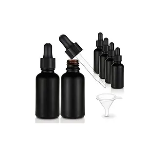 LLG热卖2盎司哑光黑色液体60毫升磨砂精油玻璃瓶，带自制化妆品用滴管玻璃吸管