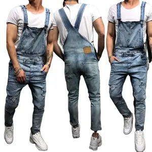 Fashionable suspender tears trousers and popular clothes men work denim Jumpsuit overalls jeans