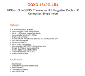 Módulo Transceptor Óptico GOXQ 1340G LR4 40G QSFP+ LR4, 1310nm, 10KM, Dúplex LC, Fibra Monomodo, para Centros de Datos y Empresas - Product Image 2