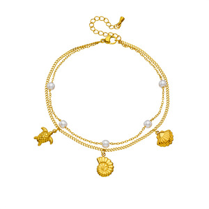 Chaîne de cheville simple et fine en acier inoxydable, style plage, avec coquillage brillant, papillon, double couche superposée, perle et étoile de mer - Product Image 5