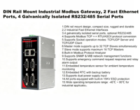 Equipo Industrial de Riel DIN, 1 Puerto RS232 485, Servidor/Cliente TCP, UDP, Doble Fuente de Alimentación, Transmisión Transparente, Modbus