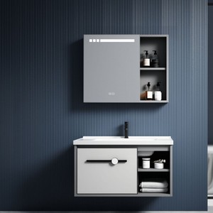 Mueble de baño moderno de aluminio blanco para montar en la pared con lavabo de cerámica y gabinete con espejo iluminado - Product Image 4