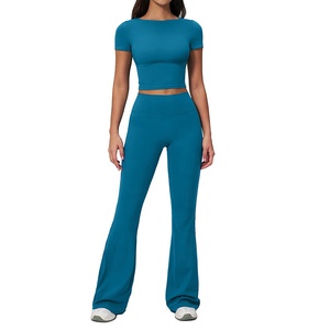 Ensemble de <span class=keywords><strong>yoga</strong></span> écologique pour <span class=keywords><strong>femme</strong></span>, taille haute, effet push-up, haut à manches courtes, pantalon large coupe ajustée, pour la course, la randonnée, la gym et le fitness - Product Image 3