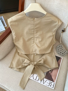 Ärmellose Bluse im koreanischen Stil mit lockerer Passform, kurze Weste, französisch inspirierte Baumwoll-Leinen-Reiß verschluss oberteil mit Reiß verschluss - Product Image 4