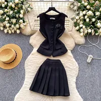 Ensemble veste sans manches et jupe plissée pour femmes, tenue d'été légère, style chic décontracté