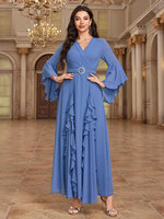 Abaya bleue à volants avec ceinture pour l'Aïd, vêtements islamiques modestes à manches évasées pour les fêtes saoudiennes de Dubaï