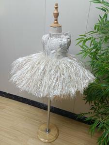 高领无袖女孩派对舞会礼服奢华蓬松公主裙粉色银色提花儿童连衣裙女孩奢华 - Product Image 3