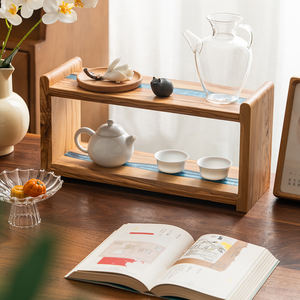 <span class=keywords><strong>Casa</strong></span> naturale 2 livelli in legno tazza da caffè scaffale piccolo controsoffitto portabicchieri postazione organizzatore Desktop - Product Image 4