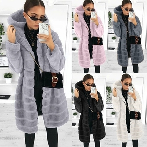 Manteau mi-long à capuche en fausse fourrure pour femme, style hiver chaud, veste en similicuir imitation fourrure de lapin, vêtement d'extérieur décontracté et tendance. - Product Image 1