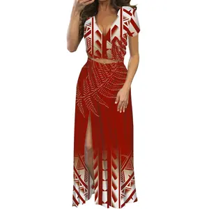 Самоанская puletasi для женщин, комплект из 2 предметов, платья, сексуальный глубокий v-образный вырез, длинное платье с принтом на заказ тихоокеанских для женщин, большой размер, платье на каждый день