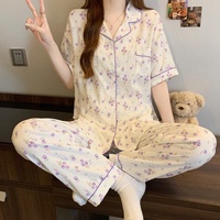Ensemble de Pyjama Femme Dessin Animé Imprimé Floral Doux Col Rabattu Manches Courtes Pantalon Long, Pyjama Décontracté d'Été pour Femme