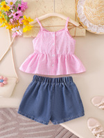 Ensemble d'été mignon pour bébé fille, deux pièces, rose à carreaux, sans manches, avec volants, débardeur et short en jean