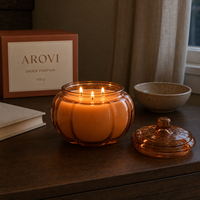Arovi - Bougie parfumée à la citrouille pour Thanksgiving et Halloween, 430g, pot en verre ambré avec couvercle en verre, boîte cadeau personnalisée avec logo
