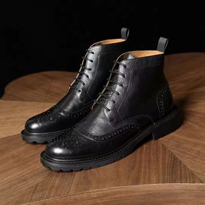 High Top Chelsea Retro Brogue Ankle Boots Rubber Upper Waterproof Slip-On Breathable Round Toe Heightening Feature - Product Image 4
