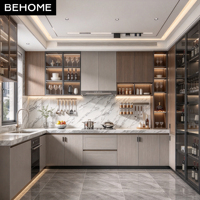 Meubles de cuisine modulaires en bois grainé sur mesure en forme de L avec vitrine LED pour projets de cuisines de villas, hôtels et appartements